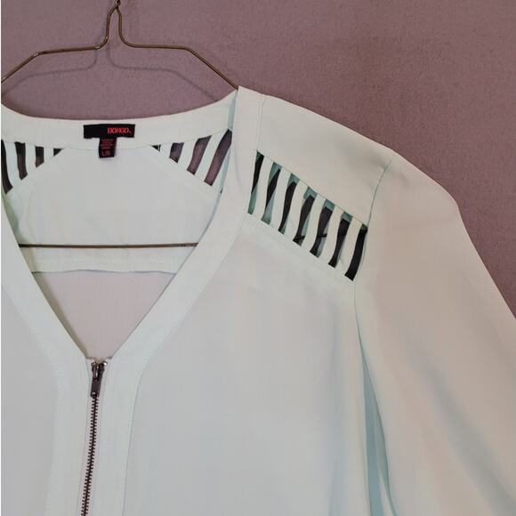 BONGO Mint Green Blouse Top L Shoulder Cut Out Front Zip Pullover EUC - Picture 3 of 8
